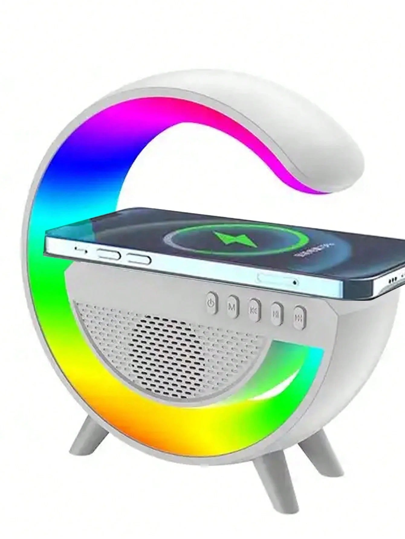 C-Shape RGB Wireless Charger with Bluetooth Speaker | 3-in-1 Stylish Desk Gadget