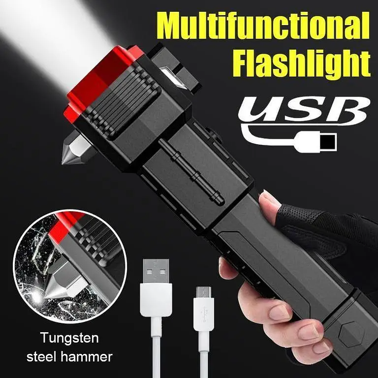 Multifunction LED Flashlight – Rechargeable Car Emergency Hammer & Torch