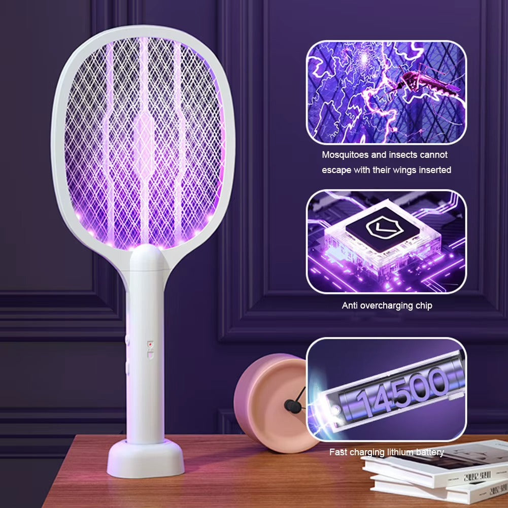 Rechargeable Electric Mosquito Racket & UV Lamp – 2-in-1 Bug Zapper Swatter with Charging Base (3000V–5000V)