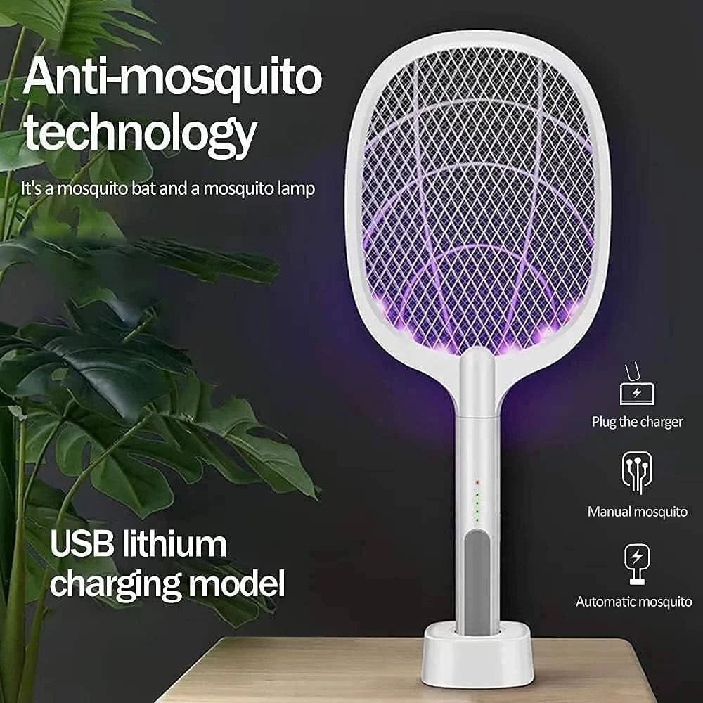 Rechargeable Electric Mosquito Racket & UV Lamp – 2-in-1 Bug Zapper Swatter with Charging Base (3000V–5000V)
