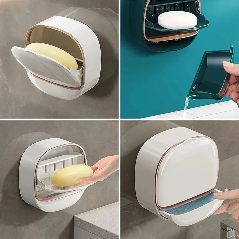 Wall-Mounted Drainage Soap Dish with Lid – Punch-Free Adhesive Holder for Bathroom & Kitchen