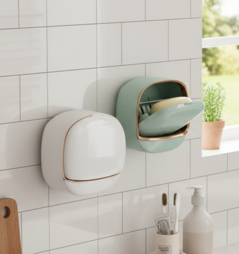 Wall-Mounted Drainage Soap Dish with Lid – Punch-Free Adhesive Holder for Bathroom & Kitchen
