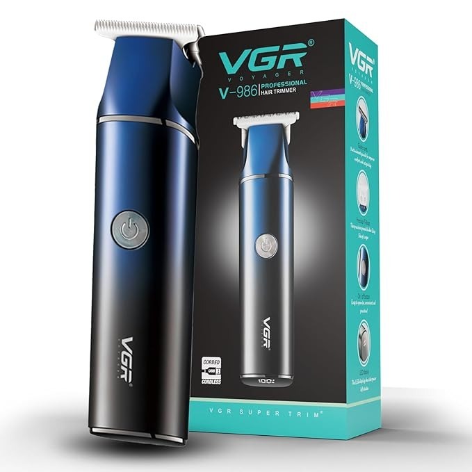 VGR V-986 Professional Hair & Beard Trimmer – Cordless Rechargeable Clipper with LED Display (Blue)