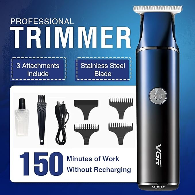 VGR V-986 Professional Hair & Beard Trimmer – Cordless Rechargeable Clipper with LED Display (Blue)