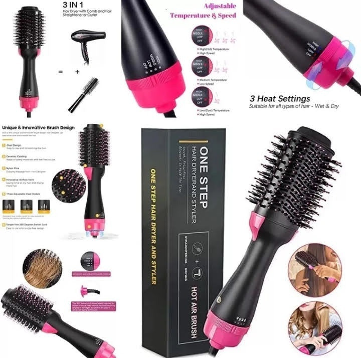 One Step 3-in-1 Hair Dryer & Styler Brush – 1000W Hot Air Brush with 3 Heat Settings (Black)